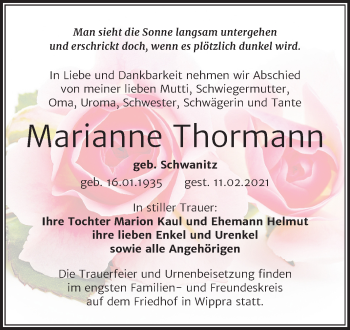Traueranzeige von Marianne Thormann von Super Sonntag Sangerhausen