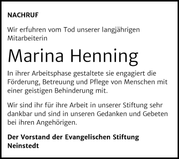 Traueranzeige von Marina Henning von Mitteldeutsche Zeitung Quedlinburg