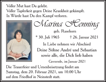 Traueranzeige von Marina Henning von Super Sonntag Quedlinburg
