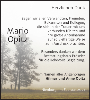 Traueranzeige von Mario Opitz von Mitteldeutsche Zeitung Bernburg