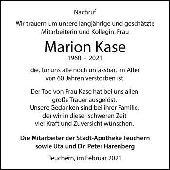 Traueranzeige von Marion Kase von Mitteldeutsche Zeitung Weißenfels