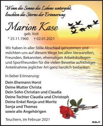 Traueranzeige von Marion Kase von Mitteldeutsche Zeitung Weißenfels