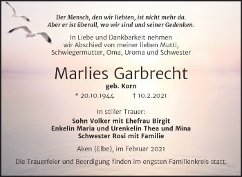 Traueranzeige von Marlies Garbrecht von Super Sonntag Köthen