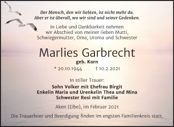 Traueranzeige von Marlies Garbrecht von Mitteldeutsche Zeitung Köthen