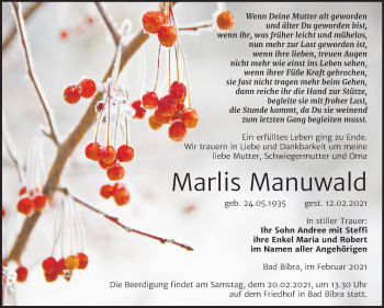 Traueranzeige von Marlis Manuwald von Mitteldeutsche Zeitung Naumburg/Nebra
