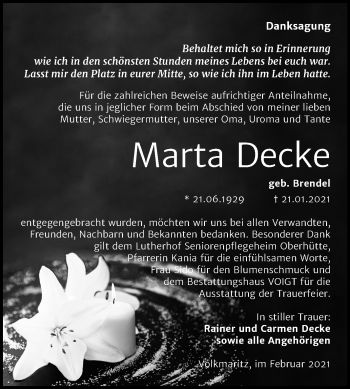 Traueranzeige von Marta Decke von Mitteldeutsche Zeitung Mansfelder Land