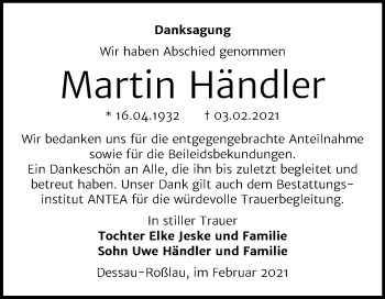 Traueranzeige von Martin Händler von Super Sonntag Dessau-Roßlau
