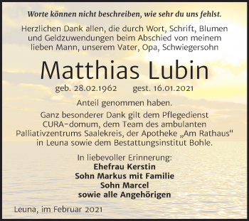 Traueranzeige von Matthias Lubin von Mitteldeutsche Zeitung Merseburg/Querfurt