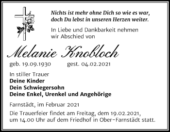 Traueranzeige von Melanie Knobloch von Mitteldeutsche Zeitung Merseburg/Querfurt