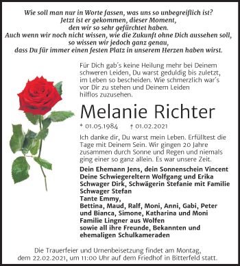 Traueranzeige von Melanie Richter von Mitteldeutsche Zeitung Bitterfeld