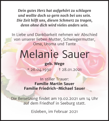 Traueranzeige von Melanie Sauer von Super Sonntag Mansfelder Land