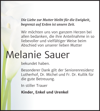 Traueranzeige von Melanie Sauer von Mitteldeutsche Zeitung Mansfelder Land