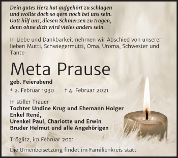 Traueranzeige von Meta Prause von Mitteldeutsche Zeitung Zeitz