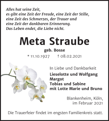 Traueranzeige von Meta Straube von Super Sonntag Sangerhausen