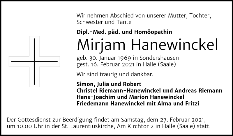  Traueranzeige für Mirjam Hanewinckel vom 23.02.2021 aus Mitteldeutsche Zeitung Halle/Saalkreis