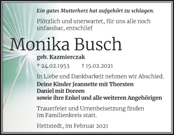 Traueranzeige von Monika Busch von Mitteldeutsche Zeitung Mansfelder Land