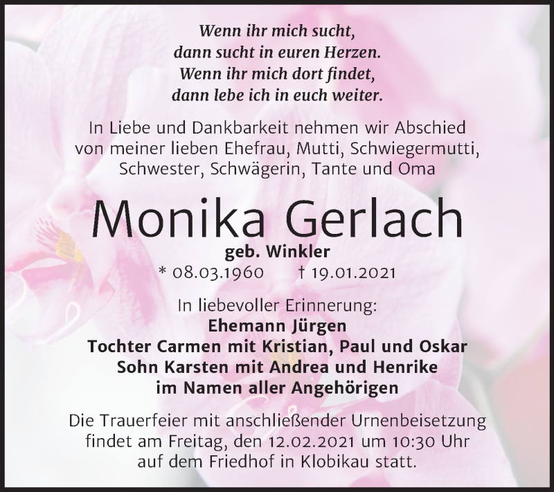  Traueranzeige für Monika Gerlach vom 06.02.2021 aus Mitteldeutsche Zeitung Merseburg/Querfurt