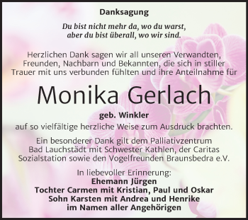 Traueranzeige von Monika Gerlach von Mitteldeutsche Zeitung Merseburg/Querfurt