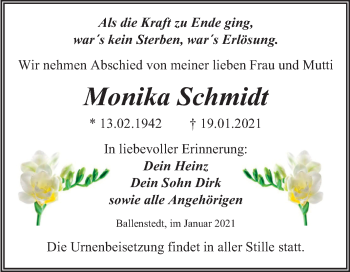 Traueranzeige von Monika Schmidt von Super Sonntag Quedlinburg