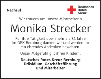 Traueranzeige von Monika Strecker von Super Sonntag Bernburg