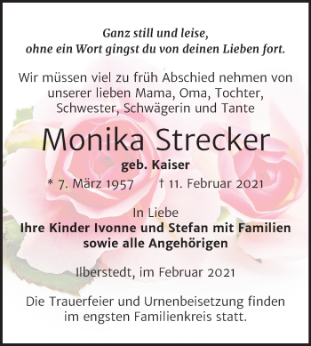 Traueranzeige von Monika Strecker von Mitteldeutsche Zeitung Bernburg