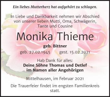 Traueranzeige von Monika Thieme von Mitteldeutsche Zeitung Sangerhausen