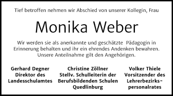Traueranzeige von Monika Weber von Mitteldeutsche Zeitung Quedlinburg