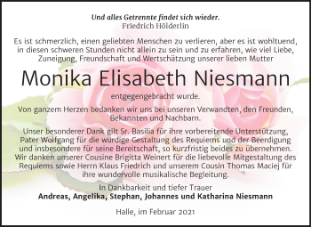 Traueranzeige von Monika Elisabeth Niesmann von Mitteldeutsche Zeitung Halle/Saalkreis