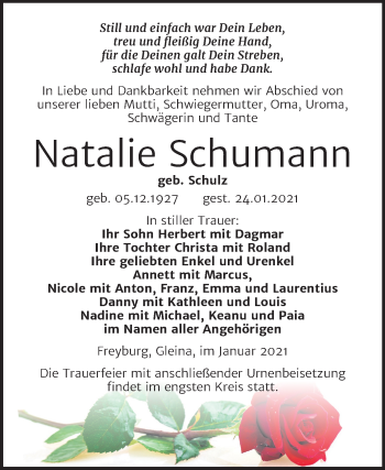 Traueranzeige von Natalie Schumann von Super Sonntag Naumburg/Nebra