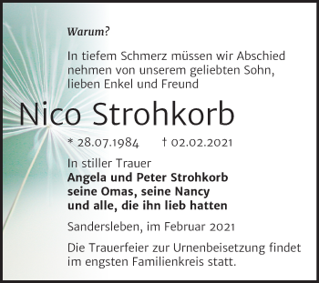 Traueranzeige von Nico Strohkorb von Mitteldeutsche Zeitung Mansfelder Land
