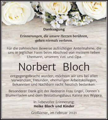 Traueranzeige von Norbert Bloch von Super Sonntag Mansfelder Land