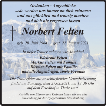 Traueranzeige von Norbert Felten von Mitteldeutsche Zeitung Quedlinburg