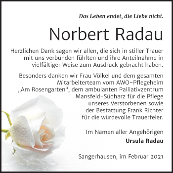 Traueranzeige von Norbert Radau von Mitteldeutsche Zeitung Sangerhausen