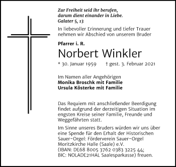 Traueranzeige von Norbert Winkler von Mitteldeutsche Zeitung Halle/Saalkreis