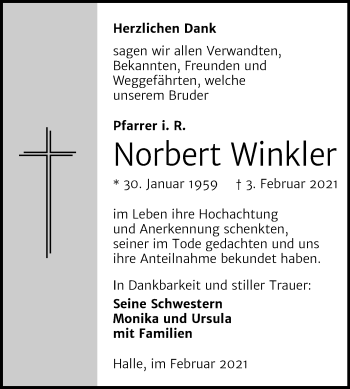 Traueranzeige von Norbert Winkler von Mitteldeutsche Zeitung Halle/Saalkreis
