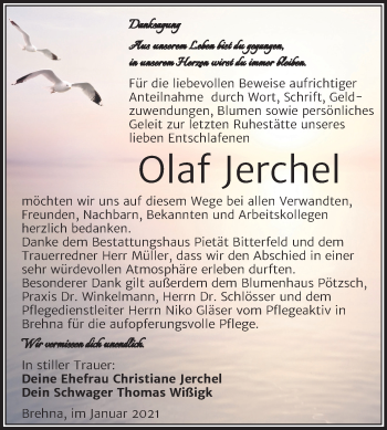 Traueranzeige von Olaf Jerchel von Mitteldeutsche Zeitung Bitterfeld