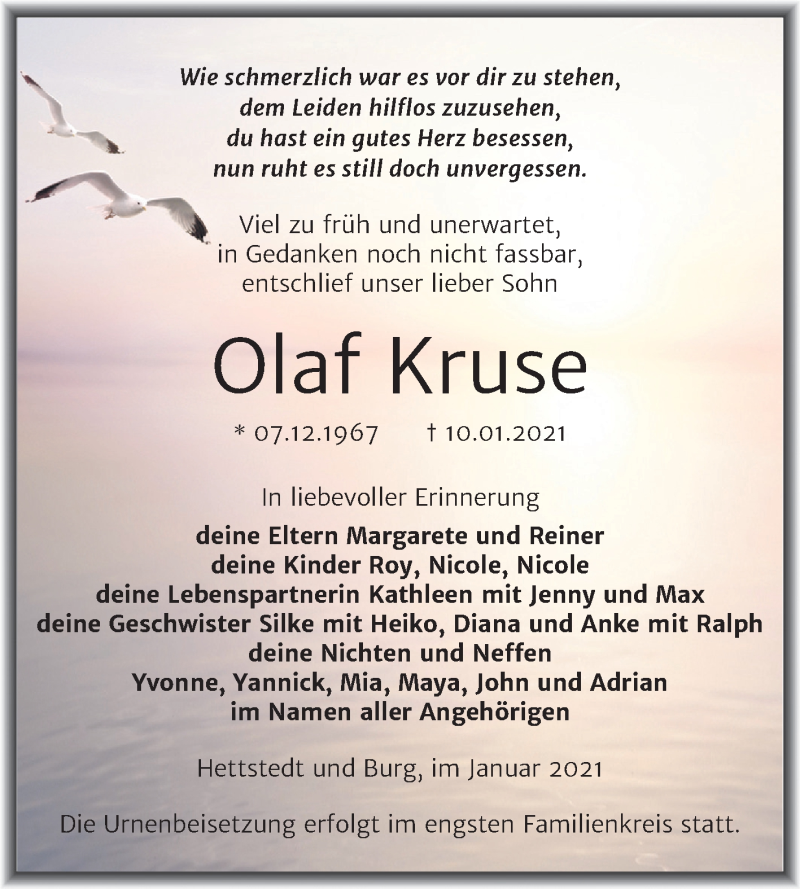 Traueranzeige für Olaf Kruse vom 05.02.2021 aus Mitteldeutsche Zeitung Mansfelder Land