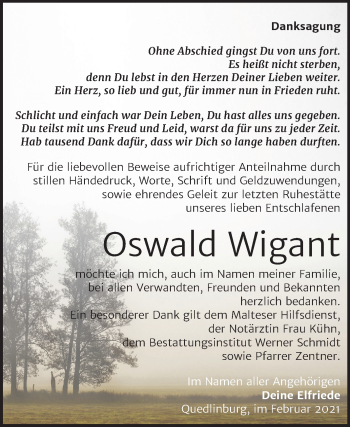 Traueranzeige von Oswald Wigant von Mitteldeutsche Zeitung Quedlinburg