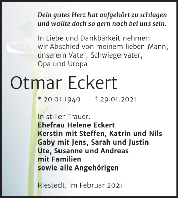 Traueranzeige von Otmar Eckert von Mitteldeutsche Zeitung Sangerhausen
