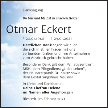 Traueranzeige von Otmar Eckert von Super Sonntag Sangerhausen