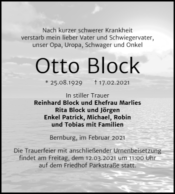 Traueranzeige von Otto Block von Super Sonntag Bernburg