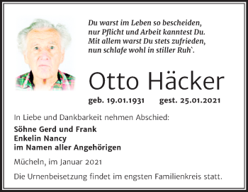 Traueranzeige von Otto Häcker von Mitteldeutsche Zeitung Merseburg/Querfurt