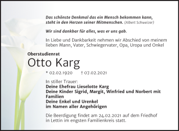 Traueranzeige von Otto Karg von Mitteldeutsche Zeitung Halle/Saalkreis