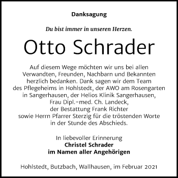 Traueranzeige von Otto Schrader von Mitteldeutsche Zeitung Sangerhausen