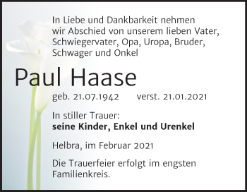 Traueranzeige von Paul Haase von Mitteldeutsche Zeitung Mansfelder Land