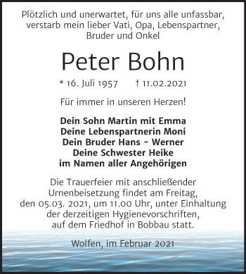 Traueranzeige von Peter Bohn von Mitteldeutsche Zeitung Bitterfeld
