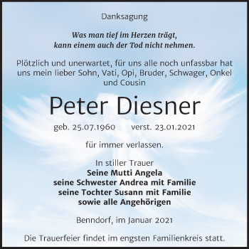 Traueranzeige von Peter Diesner von Super Sonntag Mansfelder Land