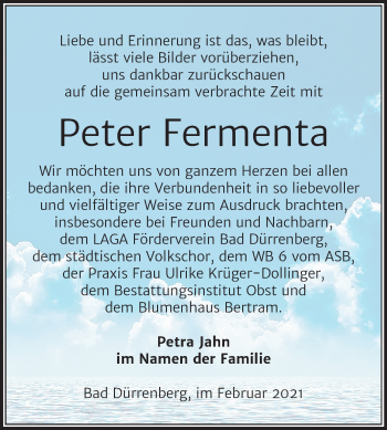 Traueranzeige von Peter Fermenta von Super Sonntag Merseburg/Querfurt