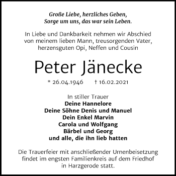 Traueranzeige von Peter Jänecke von Mitteldeutsche Zeitung Quedlinburg