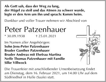 Traueranzeige von Peter Patzenhauer von Mitteldeutsche Zeitung Halle/Saalkreis